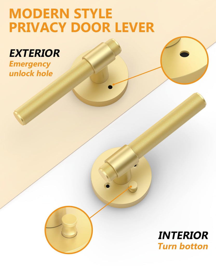 4 Pack Privacy Gold Knurled Door Handles, Door Lever with Door Knobs Indoor , Heavy Duty Brushed Gold Door Handles
