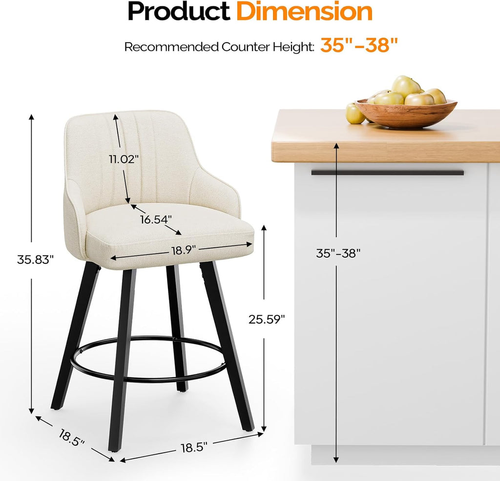 26" H Swivel Barstools Set of 2, Linen Fabric Upholstered Counter Stool with Back, Kitchen High Chairs Counter Height