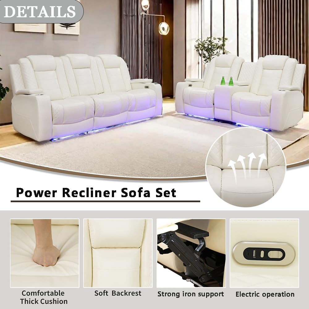 Power Leather Recliner Sofa Set with LED Lights, Recliner Sofa Sectional Couches, Reclining Sofa and loveseat with