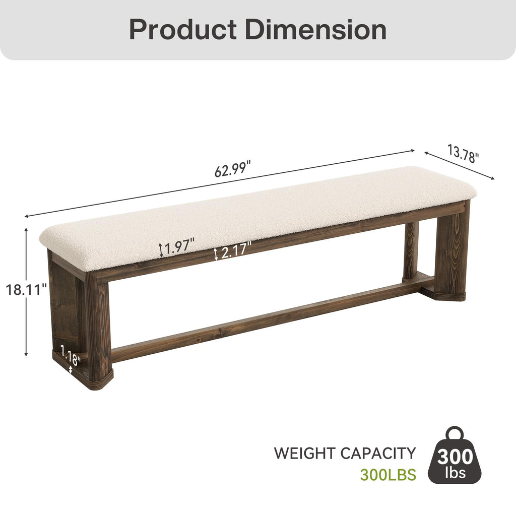 63" Upholstered Bench, Solid Wood Entryway Shoe Bench with Cushion, Long Modern Farmhouse End of Bed Bench with