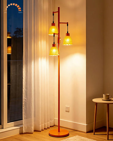 3-Lights Glass Floor Lamp Dimmable Orange Floor Lamp with Orange Glass Shade 3000K Bulbs Included Unique Modern