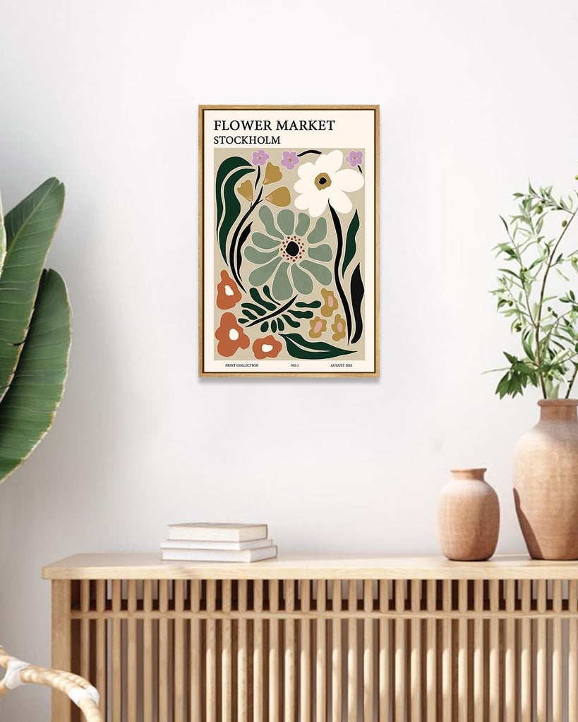 Framed Flower Market Wall Art,Green Vintage Botanical Canvas Wall Decor Paintings,Boho Floral Posters Prints Pictures