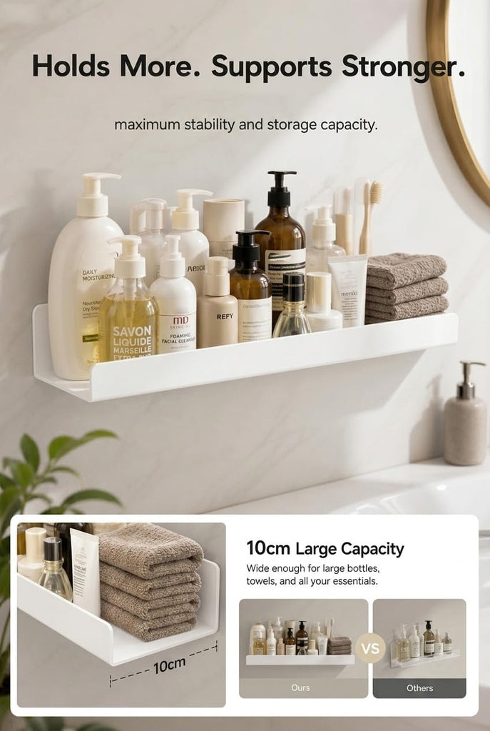 White Acrylic Bathroom Shelf Wall Mounted Floating Organizer with Front Lip