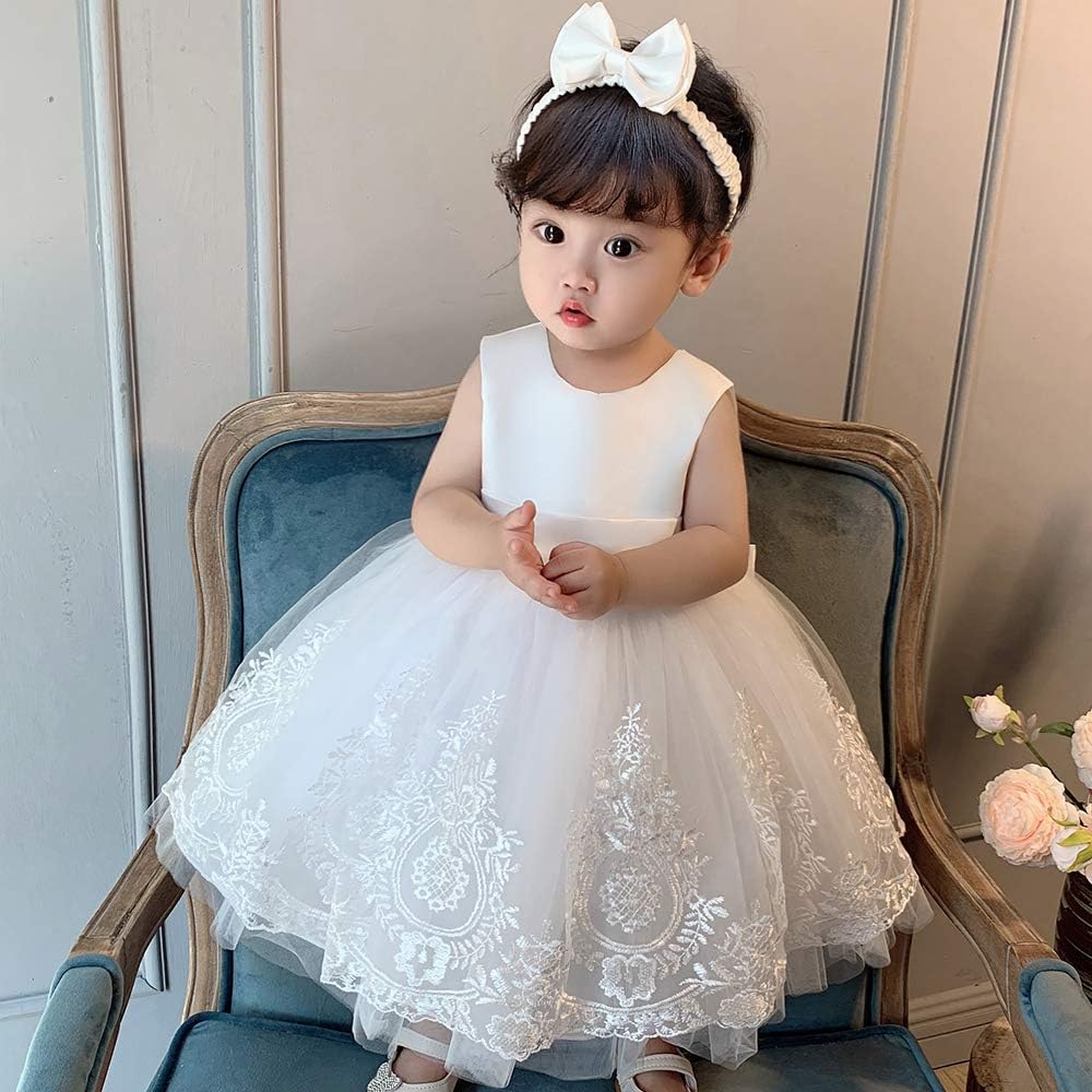 0-6 Years Toddler Baby Girls Pageant Lace Embroidery Dresses Formal Dress with Headwear