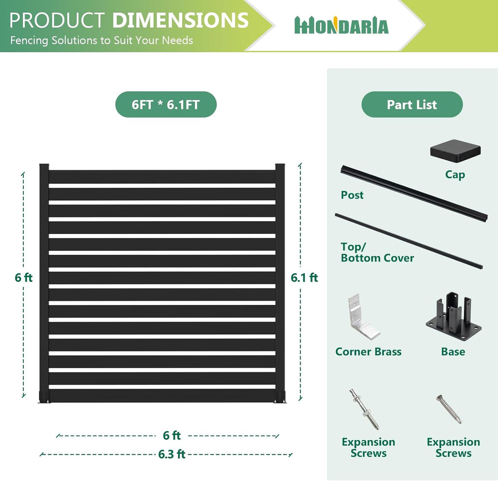 Aluminum Privacy Fence Panels for Outside, 6ft x 6ft Horizontal Metal Fencing with 1 No-Dig Post, Rustproof & Wind