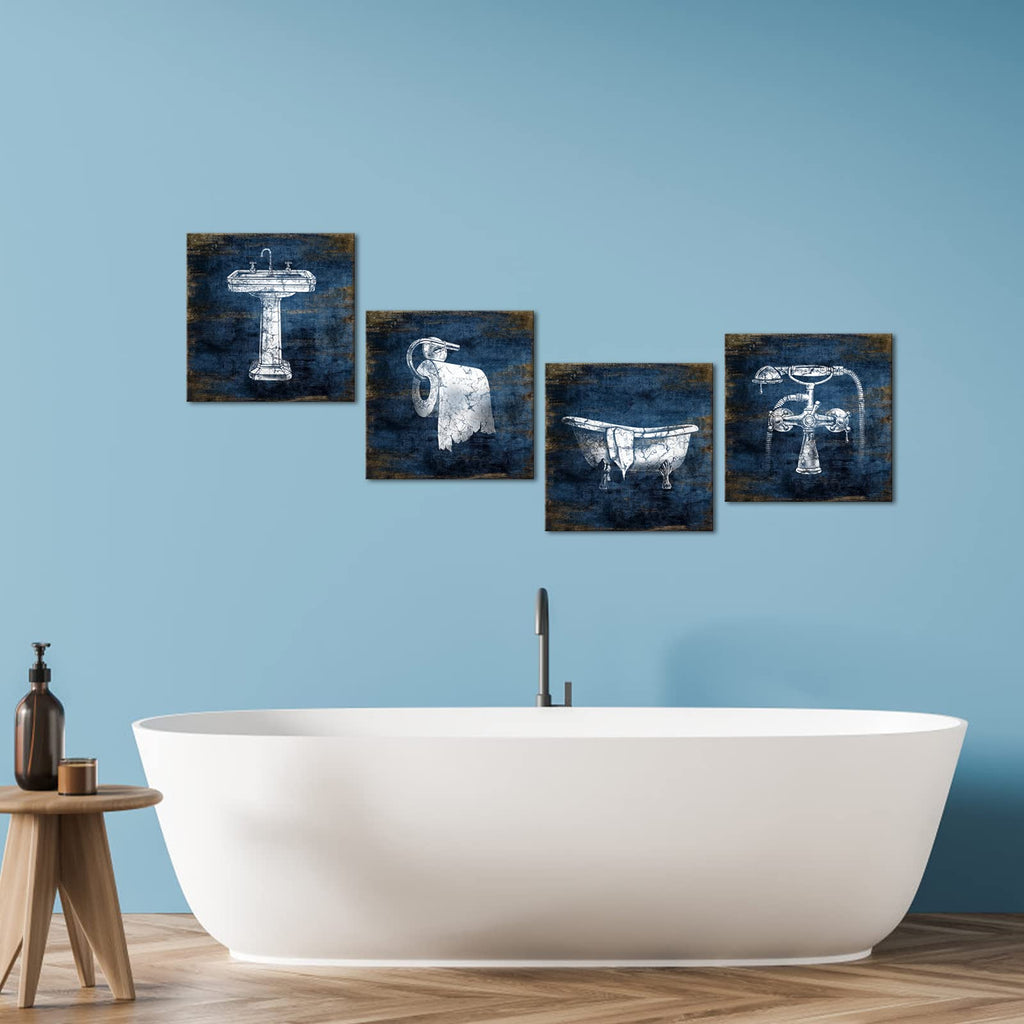 Blue Bathroom Decor Wall Art Framed Canvas Print Pictures 4 Pieces Abstract Pictures Modern Navy Framed Wall Decor