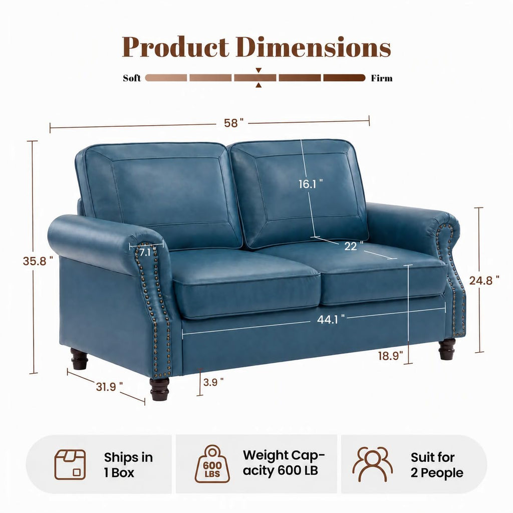 Faux Leather Loveseat Sofa with Rolled Arms, Royal Blue
