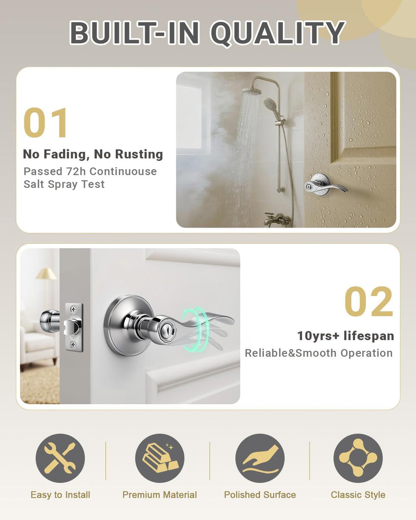 1 Pack Polished Chrome Door Handle Interior Privacy Doorknob Bedroom Door Handle with Lock, Reversible for Left and