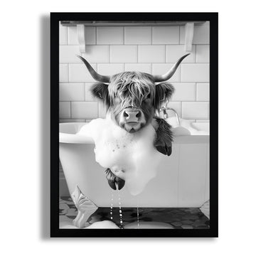 Black and White Highland Cow in Bathtub Canvas Wall Art 12x16 inch