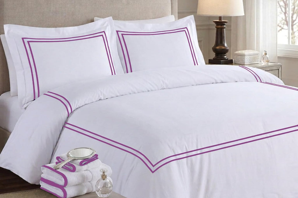 Luxury 400-TC Egyptian Cotton Embroidered Duvet Cover Set with Beautiful 2-Stripe Embroidery(Plum, Oversize)