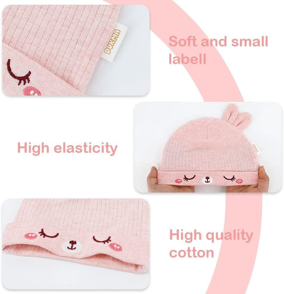 Organic Cotton Toddler Hat Set 3 Cute Animal Ears Design, Beanies for Baby Boys and Girls 0-6 Months, Pink