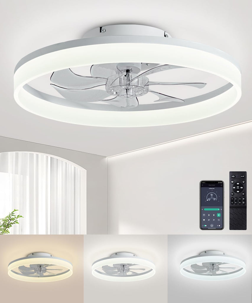 Ceiling Fans with Lights and Remote, 20" Modern Low Profile Ceiling Fan with Light, Stepless Color Temperature Change and 6 Speeds, Flush Mount Ceiling Fans for Bedroom, Kids Room (White) A101-B0D9BCFTQW