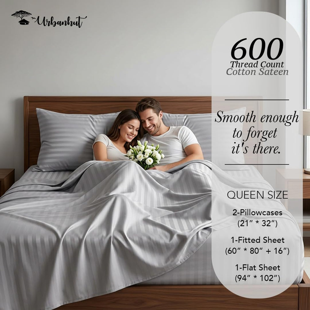 100% Cotton 600 Thread Count Damask Queen Size Sheets -Silver Grey