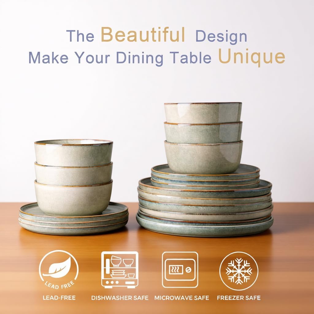 Stoneware Dinnerware Sets,Round Reactive Glaze Ceramic Plates and Bowls Sets,Highly Scratch Resistant | Dishwasher &