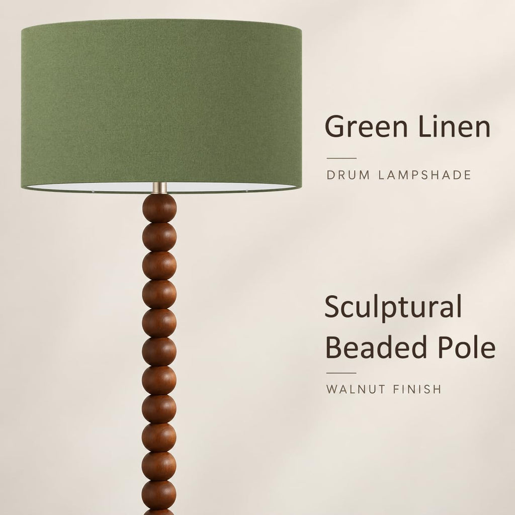 60.6 Inch Beaded Walnut Wood Floor Lamp with Linen Shade, Green