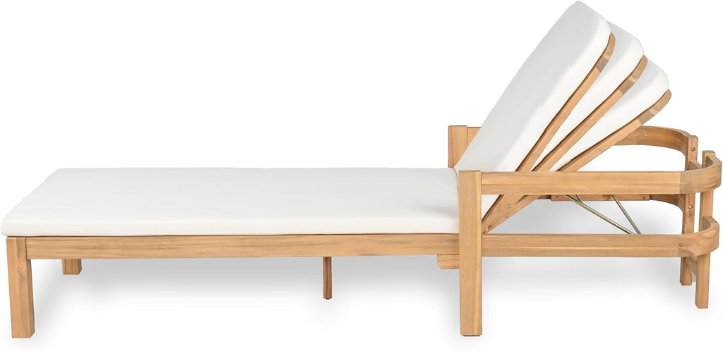 Acacia Wood Chaise Lounge with Adjustable Backrest, 77.5" Outdoor Sun Lounger with Cushion, Modern Patio