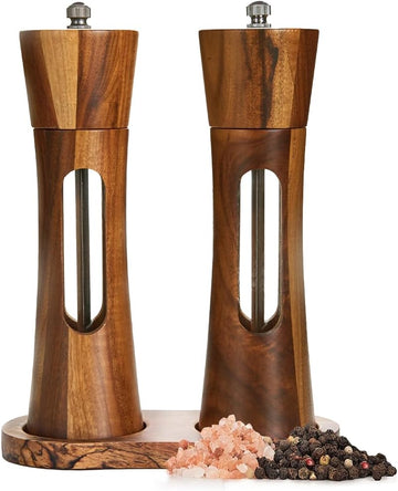 Wooden Salt and Pepper Grinder Set with Tray, 8 Inch Manual Salt & Pepper Shakers with Adjustable Coarseness, Salt - Set of 2