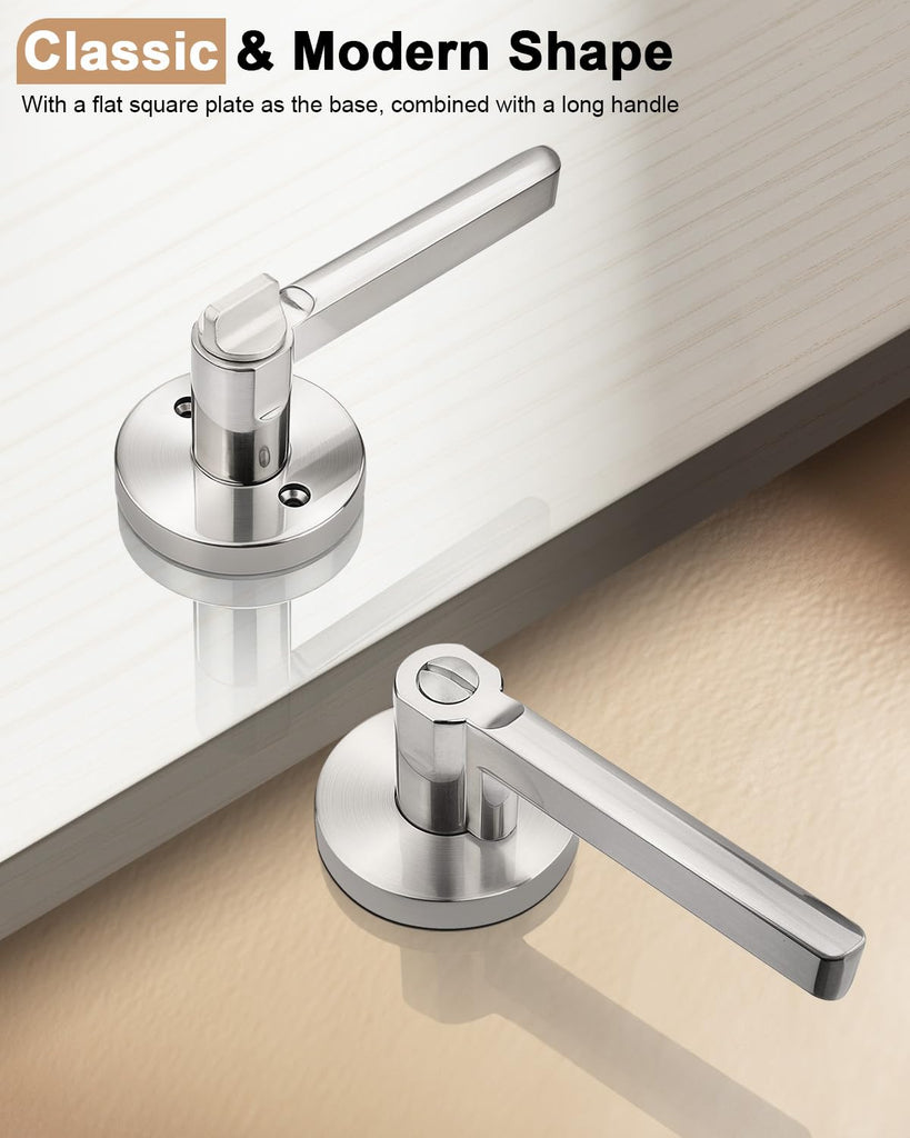 Satin Nickel Privacy Door Levers, Flat Interior Bath/Bed Door Handles, Reversible for Right & Left Handed