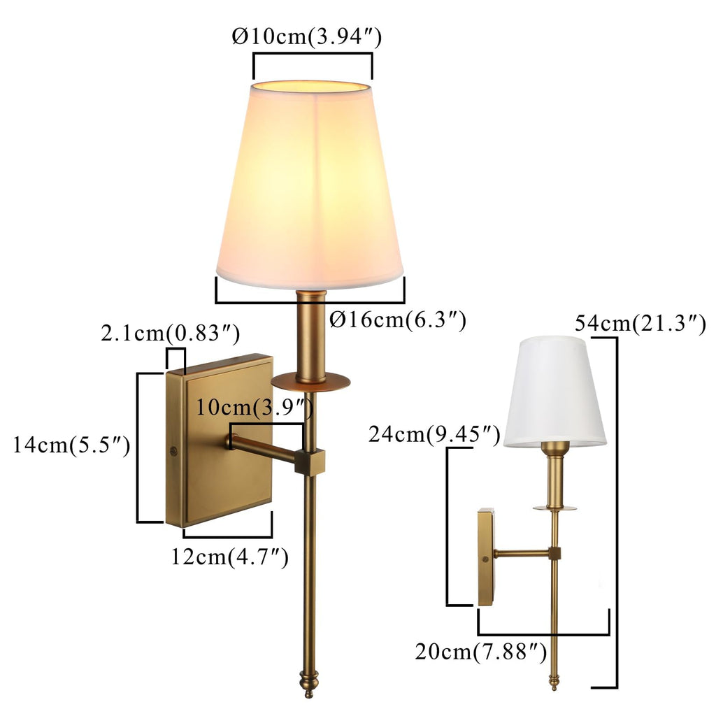 Set of 2 Classic Rustic Industrial Wall Sconce Lighting Fixture with Flared White Textile Lamp Shade and Antique