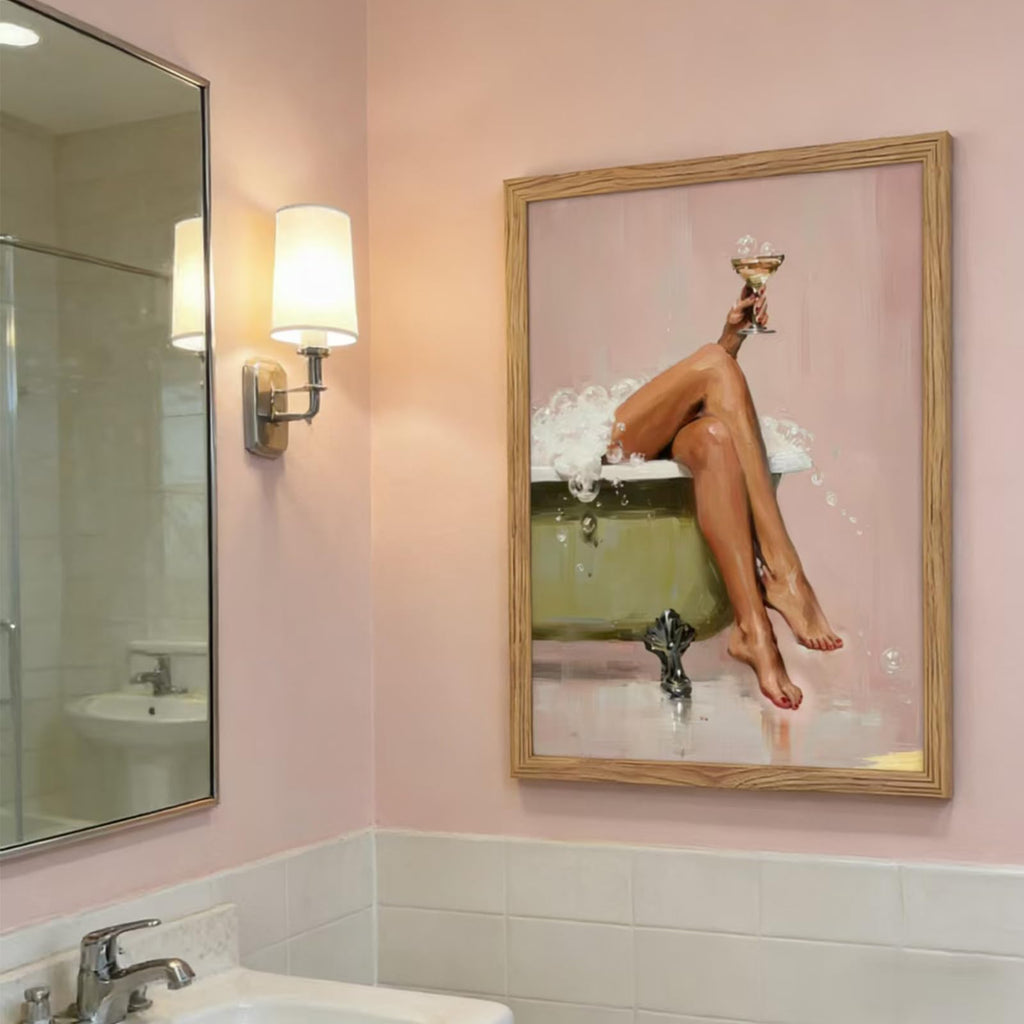Framed Glam Pink Bubble Bath Canvas Wall Art Vintage Tub Martini Poster Print Elegant Woman Bathroom Wall Decor