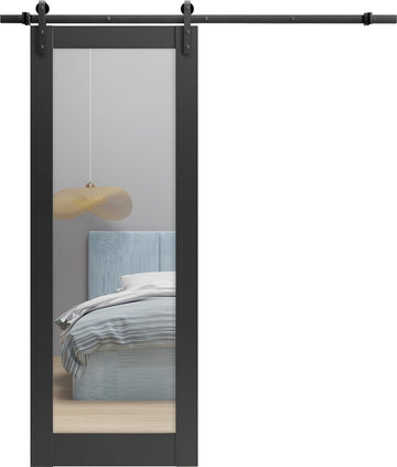 Lucia 1299 | Interior Single Sliding barn Door with Mirror, Solid Wood, 42x96, Black, Modern Style |