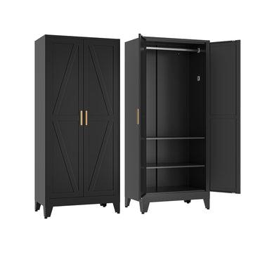 Metal Wardrobe Closet with Doors, Black Farmhouse Bedroom Armoires with Adjustable Hanging Rod and Shelves, 71'' Tall