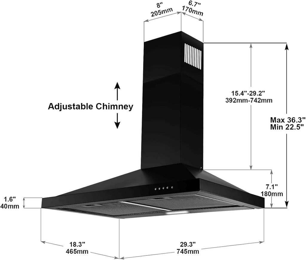 30 Inch Stainless Steel Wall Mount Range Hood LED Lights Convertible Ducted/Ductless