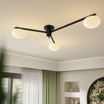 Sputnik Ceiling Light Fixture, 3-Light Black with Milk Glass Shade