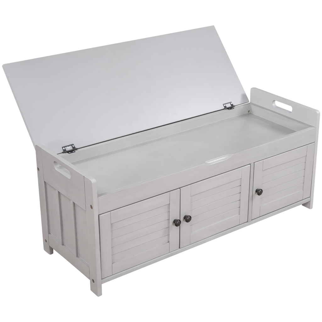 Storage Bench with 3 Shutter-Shaped Doors, Entryway Shoe Bench with Removable Cushion and Hidden Storage, Wooden