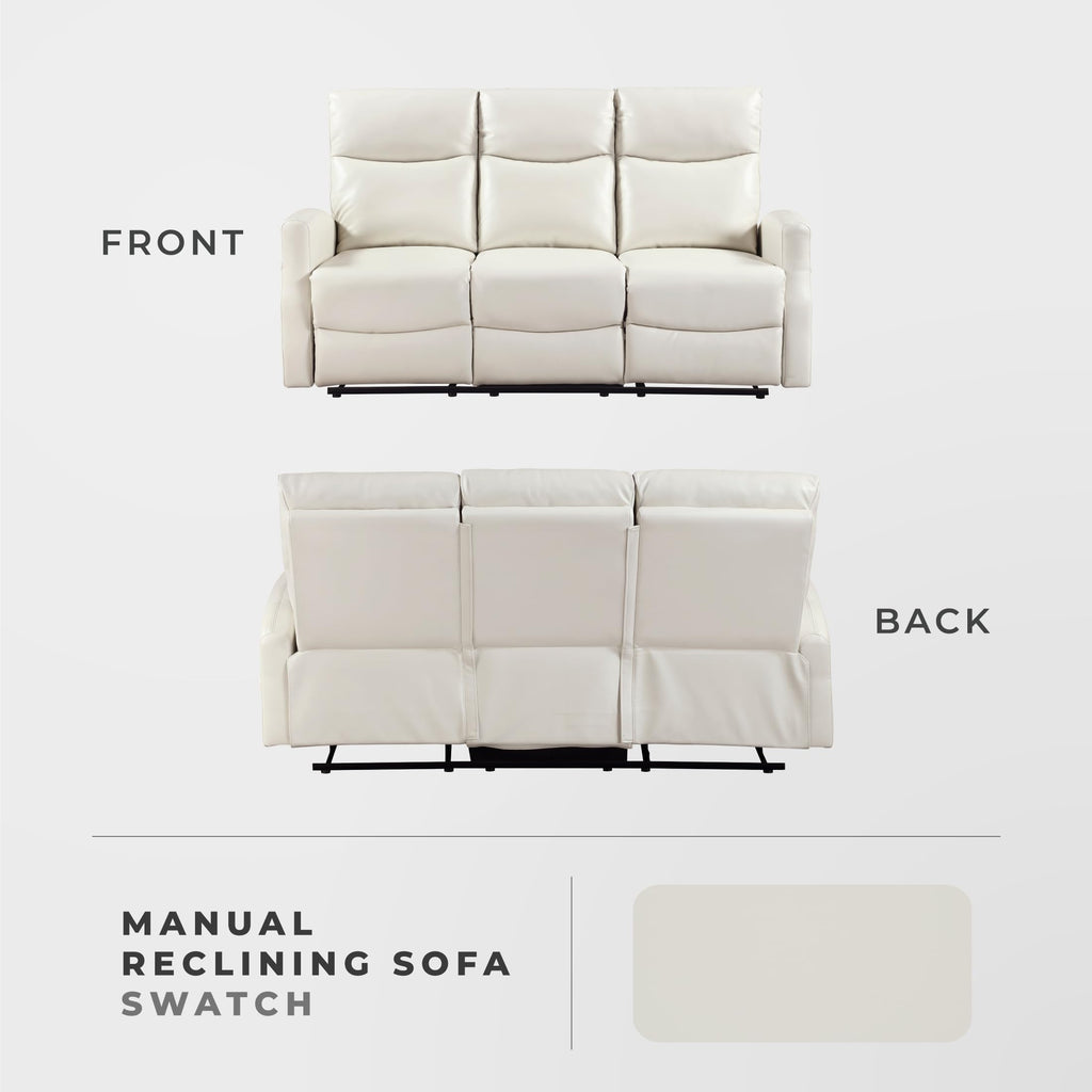 Manual Reclining Sofa, Magazine Pockets, Beige Faux Leather
