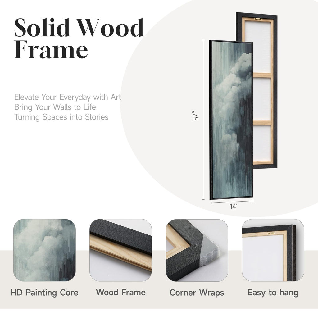 Framed Long Narrow Blue Cloud Abstract Modern Vertical Wall Art, 14x56 Inch
