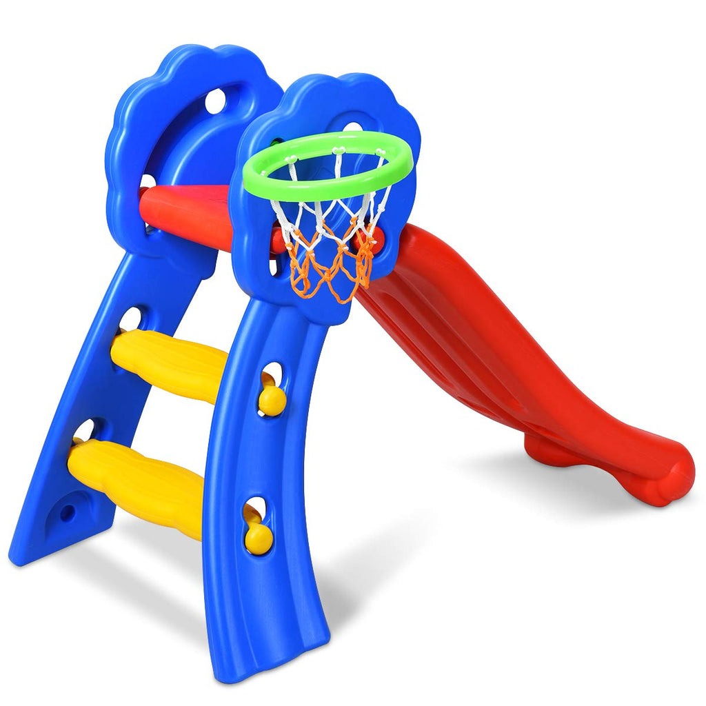 Folding Slide, Indoor First Slide Plastic Play Slide Climber Kids (Floral Rail +Basketball Hoop)