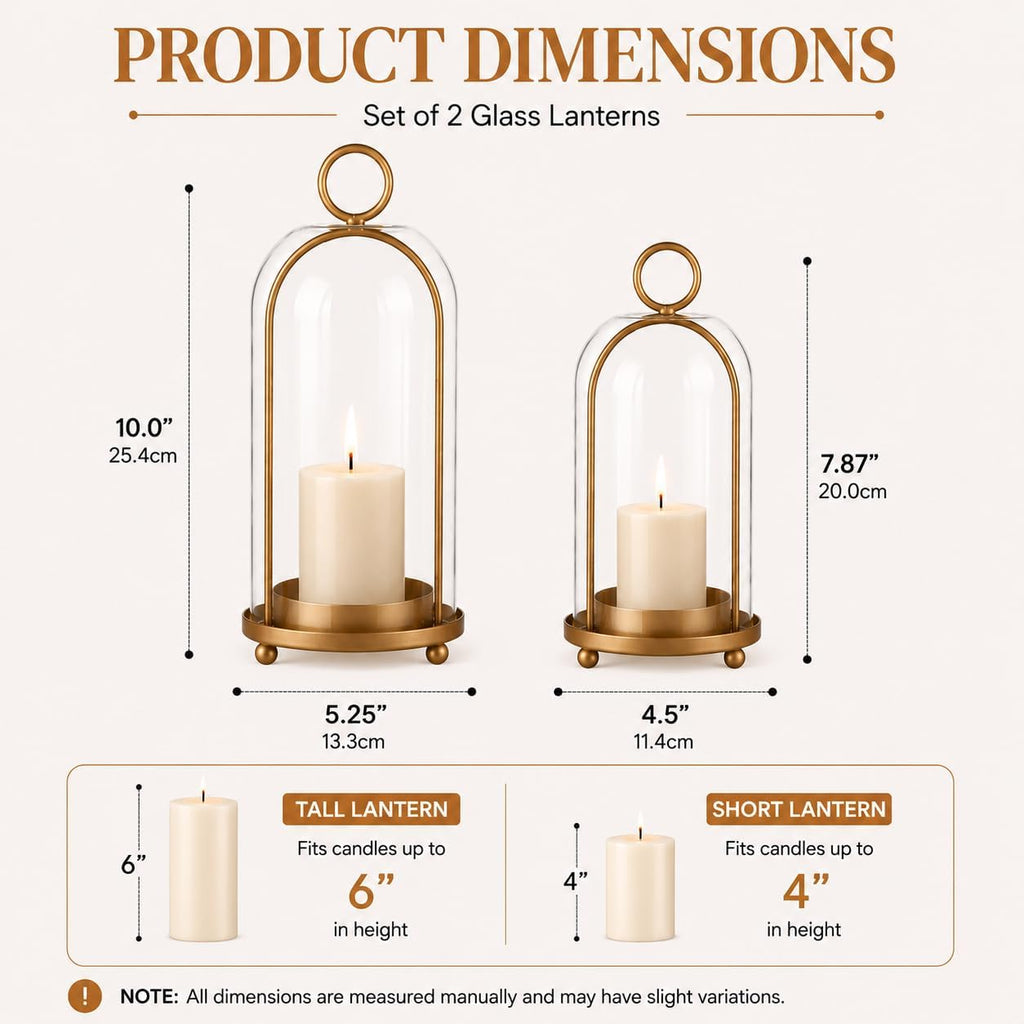 Set of 2 Candle Lantern, Candle Holders with Glass Dome 10" & 7.87" | Vintage Brass Design, Perfect for Pillar
