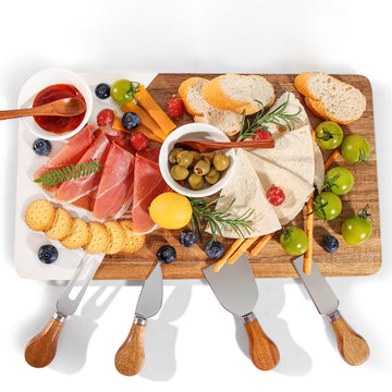 Acacia Wood & Marble Charcuterie Board Set, Cheese Board Platter Tray with 4 Knives 2 Bowls & 2 Spoons, Serving Tray