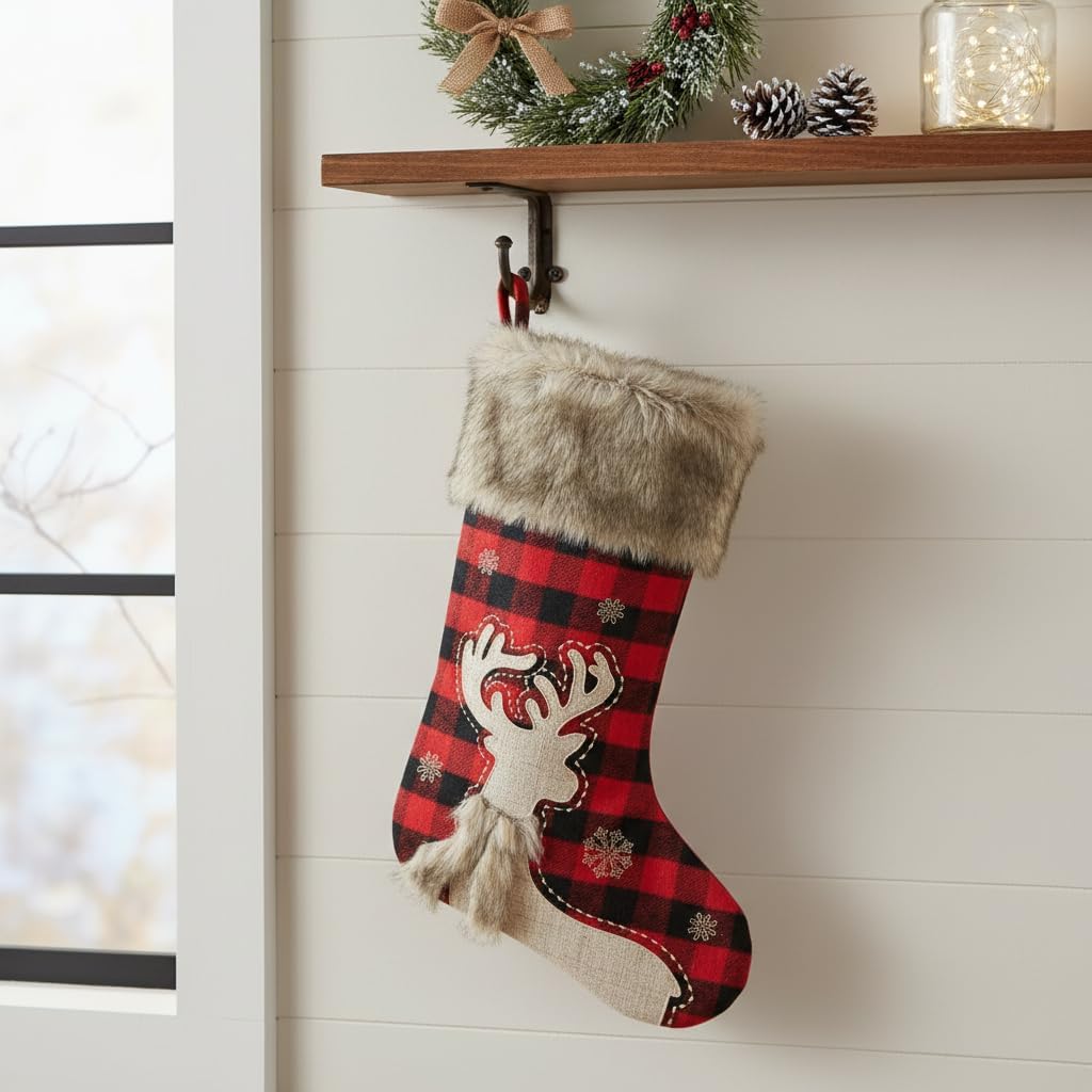 20" Black and Red Plaid Reindeer Christmas Stocking, Rustic Antique Vintage Figurine Style Home Decor, Faux Fur Scarf