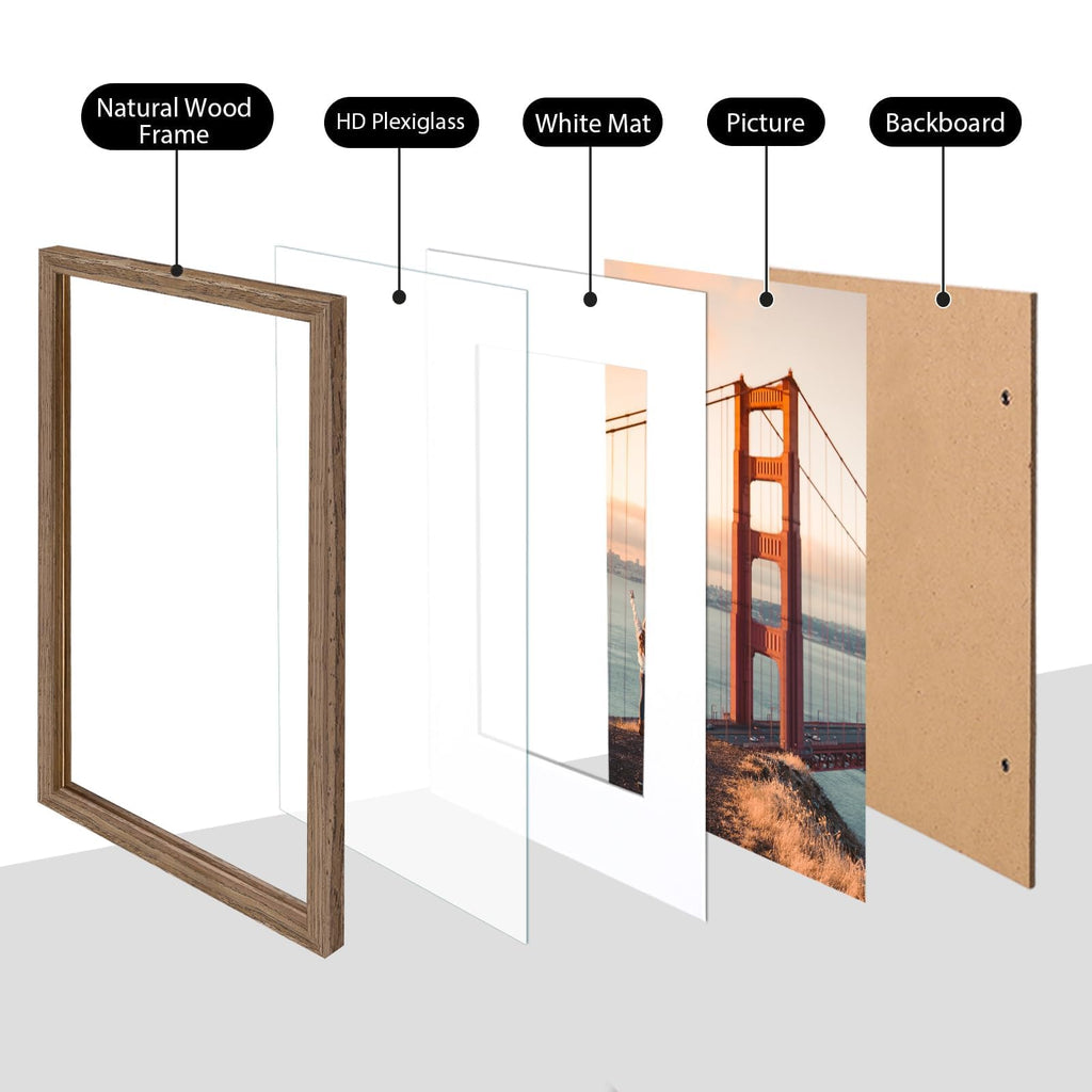 A1 Picture Frame, Rustic Brown Solid Wood Frame with Acrylic Plexiglass for Pictures A2 with Mat or A1 without Mat