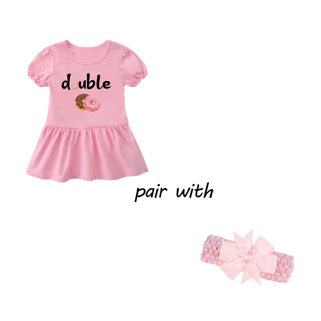 2 Pack Baby Twins Bodysuits Double Trouble Sweet Donuts Girl Outfits Sister Dresses Infant Romper Headband (Pink