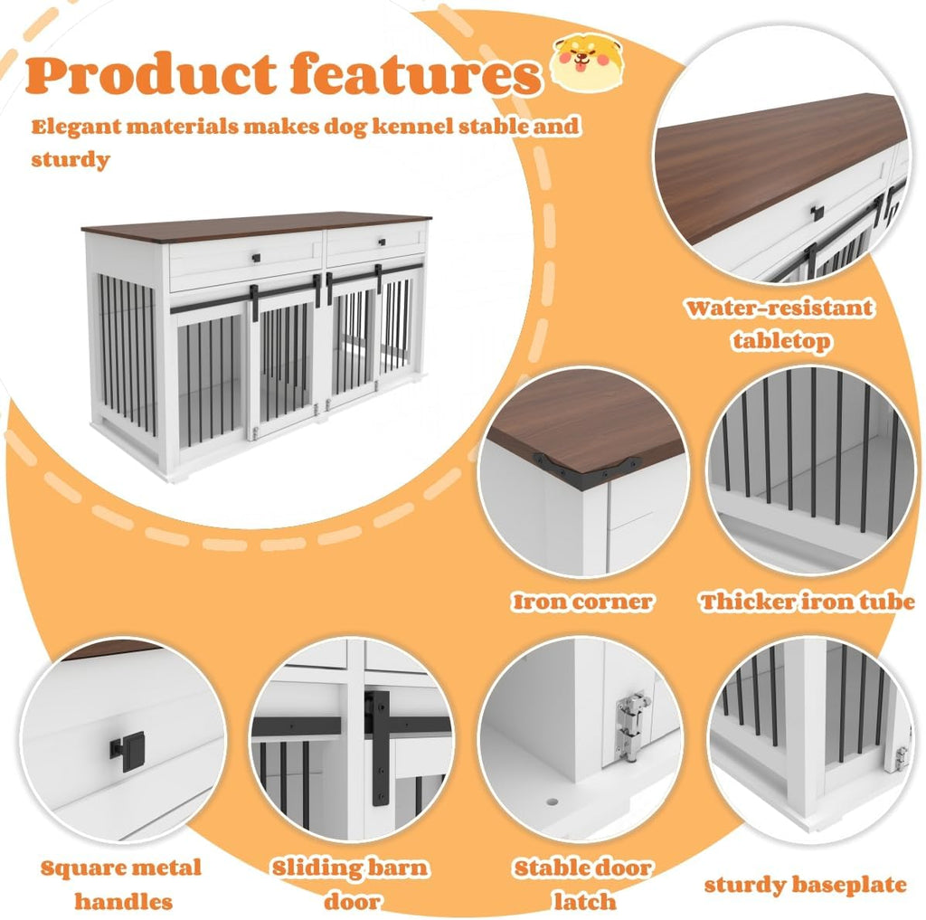 Large Dog Crate Furniture with Divider, 2 Drawers & Sliding Doors