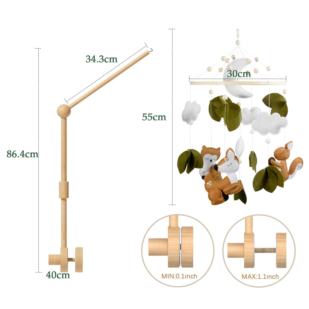 Woodland Animals Theme Bassinet Baby Nursery Mobiles with Modes Digital Music Box 3In1 Set-34 Inch Wooden Mobile Arm