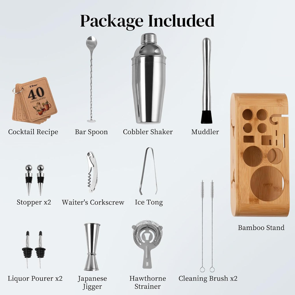 Bartender Kit with Stand, Cocktail Shaker Set for Enthusiasts and Beginners | Includes Martini Shaker - Set of 15