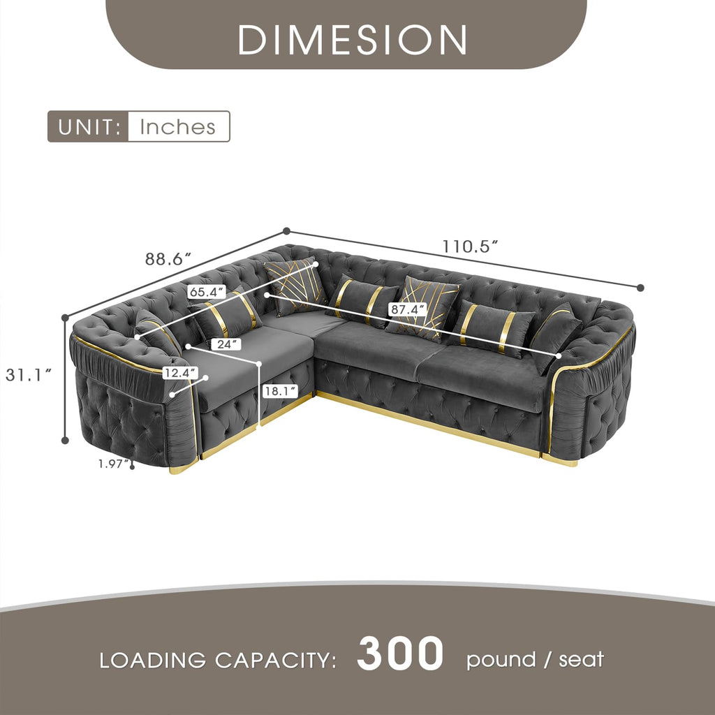 Oversize Luxury Sectional Couch 110.5" Chesterfield Sofa, Grey and Gold Sofas with Metal Accents, Victorian Curved