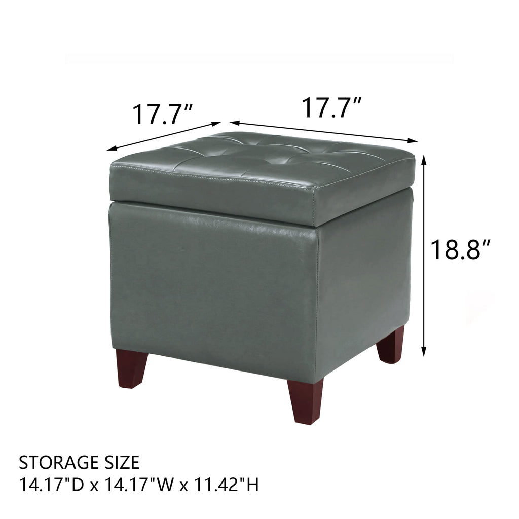 Bonded Leather Square Tufted Cubic Cube Storage Footstool, 18" Inch Ottomans & Storage Ottomans, With Lid, Dim Gray