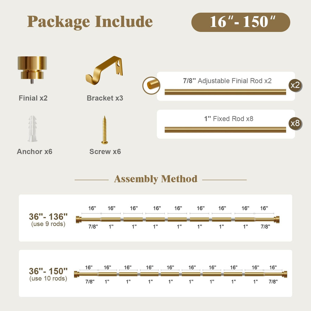 Heavy Duty Curtain Rods for Windows, 1 Inch Brass Gold Curtain Rod, Adjustable Length Rod with Metal