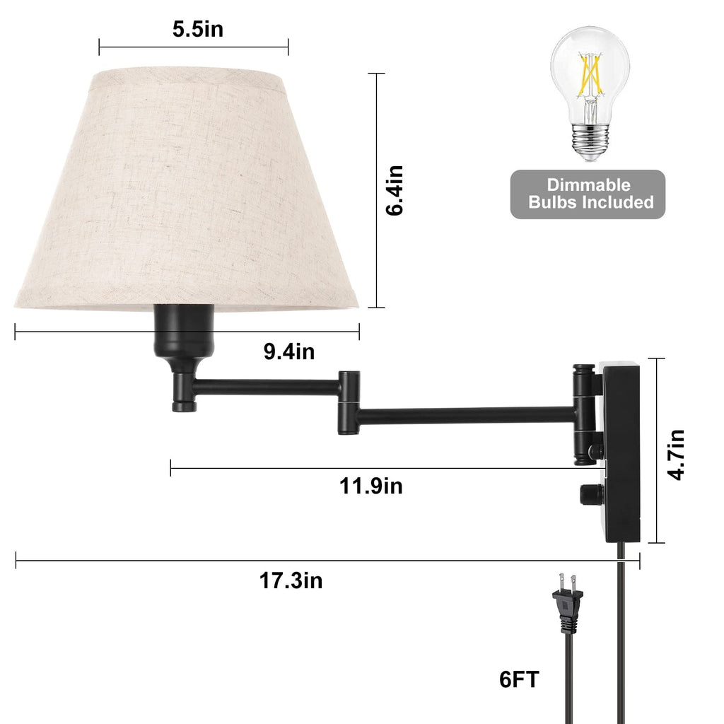 Wall Sconce Plug in, Dimmable Wall Sconces Set of Two Swing Arm Wall Lights with Plug in Cord and On/Off Dimmer
