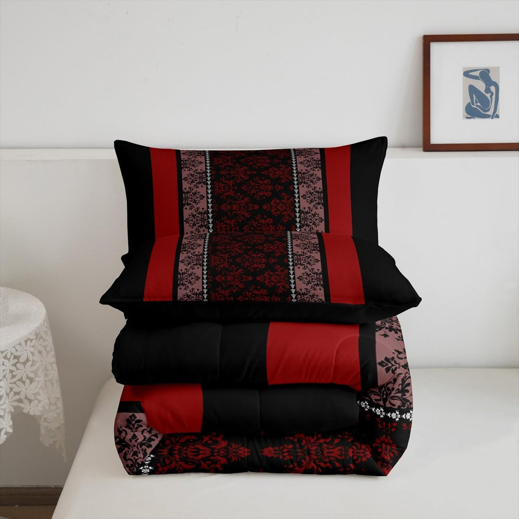 Adult Classic Jacquard Bedding Set Toddle Size Damask Pattern Comforter Set for Boys Girls Black Red Stripe Duvet Set