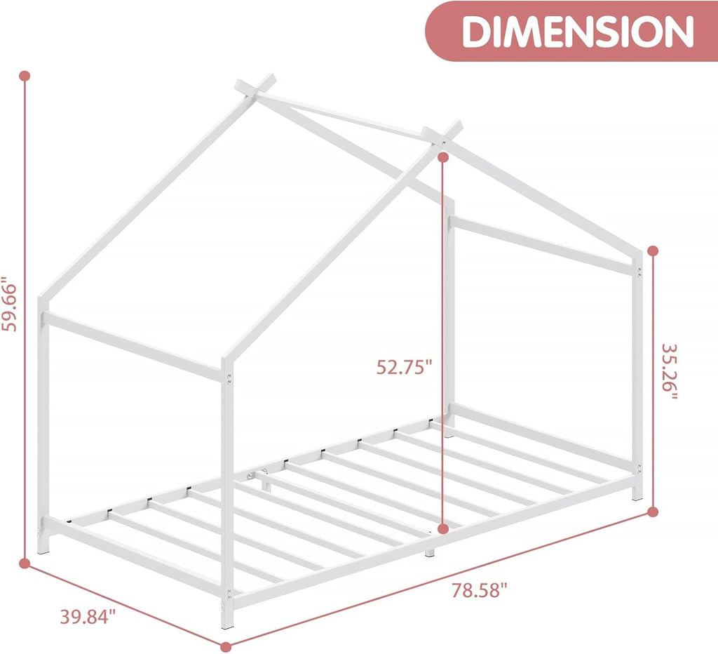 House Shape Twin Size Montessori House Bed Metal Floor Bed | Twin Bedframe for Kids No Box Spring Needed White