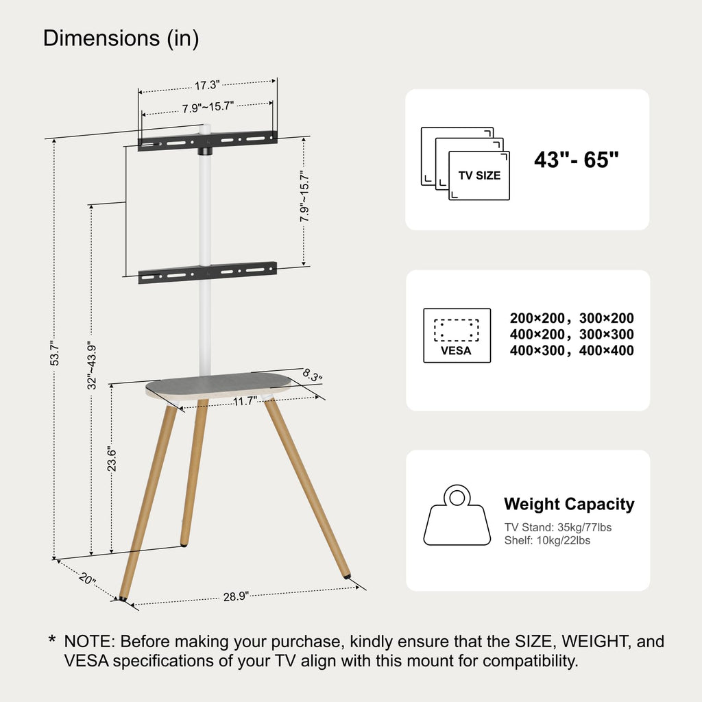 Solid Wood Easel TV Stand for 43-65" TVs with Shelf, White Beech