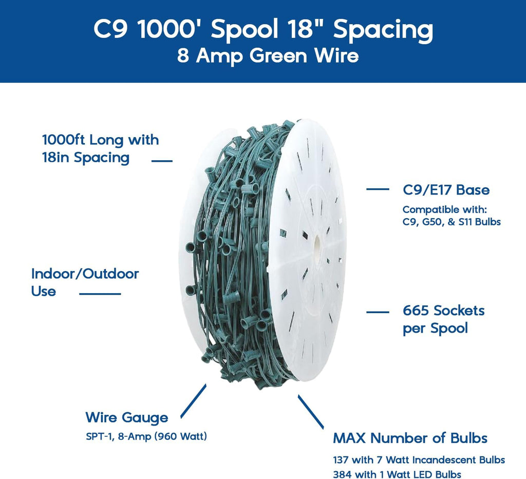 1,000 Feet C9 E17 Socketed Light Spool, Green Wire Reel