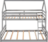 House Floor Bunk Bed with Ladder Twin Over Full,Wood Low Bunk Bed for Kids Juniors