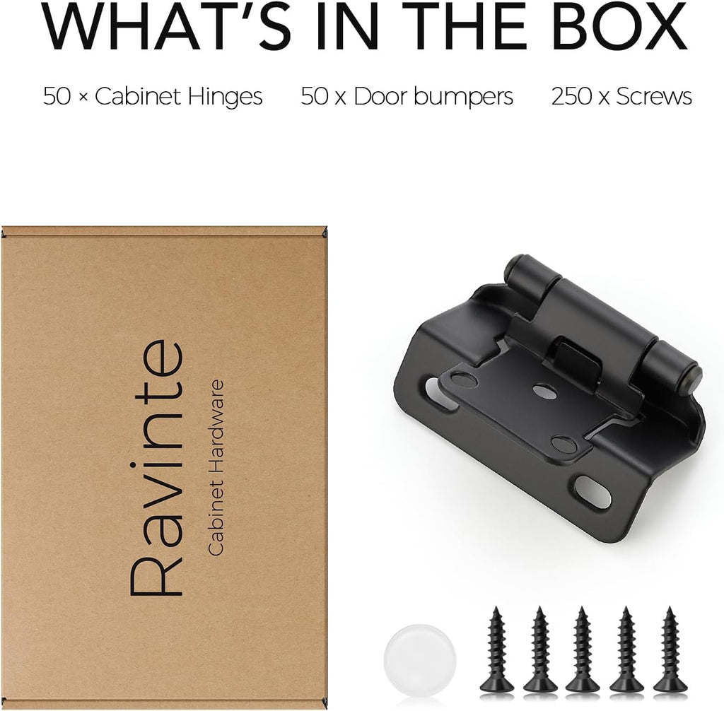 50 Pack 25 Pairs Semi-Overlay 1/2 inch Self-Closing Face Frame Cabinet Hinges Matte Black Half Wrap-Around Kitchen